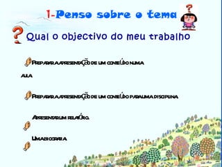 Qual o objectivo do meu trabalho   Preparar a apresentação de um conteúdo numa  aula. Preparar a apresentação de um conteúdo para uma   disciplina. Apresentar um relatório. Uma biografia. Biblioteca 1- Penso sobre o tema 