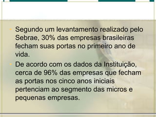 • Segundo um levantamento realizado pelo
Sebrae, 30% das empresas brasileiras
fecham suas portas no primeiro ano de
vida.
• De acordo com os dados da Instituição,
cerca de 96% das empresas que fecham
as portas nos cinco anos iniciais
pertenciam ao segmento das micros e
pequenas empresas.
 