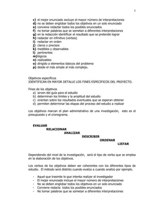 5


   c) el mejor enunciado excluye el mayor número de interpretaciones
   d) no se deben englobar todos los objetivos en un solo enunciado
   e) conviene redactar todos los posibles enunciados
   f) no tomar palabras que se sometan a diferentes interpretaciones
   g) en la redacción identificar el resultado que se pretende lograr
   h) redactar en infinitivo (verbos)
   i) redactar en orden
   j) claros y precisos
   k) medibles y observables
   l) pertinentes
   m) lógicos
   n) realizables
   o) dirigido a elementos básicos del problema
   p) desde el más simple al más complejo.


Objetivos específicos
IDENTIFICAN EN MAYOR DETALLE LOS FINES ESPECIFICOS DEL PROYECTO.

Fines de los objetivos
   a) sirven del guía para el estudio
   b) determinan los límites y la amplitud del estudio
   c) orientan sobre los resultados eventuales que se esperan obtener
   d) permiten determinar las etapas del proceso del estudio a realizar

Los objetivos marcan el plan administrativo de una investigación, esto es el
presupuesto y el cronograma.


   EVALUAR
          RELACIONAR
                   ANALIZAR
                                       DESCRIBIR
                                                    ORDENAR
                                                                  LISTAR


Dependiendo del nivel de la investigación, será el tipo de verbo que se emplea
en la elaboración de los objetivos.

Los verbos de los objetivos deben ser coherentes con los diferentes tipos de
estudio. El método será distinto cuando evalúo a cuando analizo por ejemplo.

   -   Aquel que trasmite lo que intenta realizar el investigador
   -   El mejor enunciado incluye el mayor número de interpretaciones
   -   No se deben englobar todos los objetivos en un solo enunciado
   -   Conviene redacta todos los posibles enunciados
   -   No tomar palabras que se sometan a diferentes interpretaciones
 