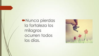 Nunca pierdas
la fortaleza los
milagros
ocurren todos
los días.
 