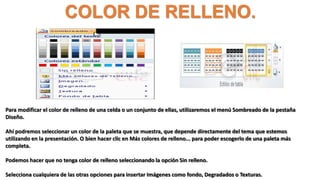 COLOR DE RELLENO.
Para modificar el color de relleno de una celda o un conjunto de ellas, utilizaremos el menú Sombreado de la pestaña
Diseño.
Ahí podremos seleccionar un color de la paleta que se muestra, que depende directamente del tema que estemos
utilizando en la presentación. O bien hacer clic en Más colores de relleno... para poder escogerlo de una paleta más
completa.
Podemos hacer que no tenga color de relleno seleccionando la opción Sin relleno.
Selecciona cualquiera de las otras opciones para insertar Imágenes como fondo, Degradados o Texturas.
 