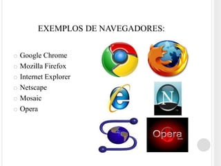 EXEMPLOS DE NAVEGADORES:


o Google Chrome
o Mozilla Firefox
o Internet Explorer
o Netscape
o Mosaic
o Opera
 