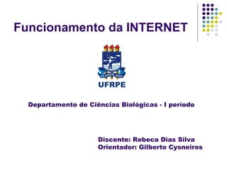 Funcionamento da INTERNET




  Departamento de Ciências Biológicas - I período




                     Discente: Rebeca Dias Silva
                     Orientador: Gilberto Cysneiros
 