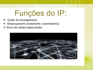 Funções do IP:
 Cuidar do envelopamento
 Endereçamento (remetente e destinatário)
 Envio dos dados empacotados
 