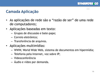 Camada AplicaçãoAs aplicações de rede são a “razão de ser” de uma rede de computadores;Aplicações baseadas em texto:Grupos de discussão e bate-papo;Correio eletrônico;Transferência de arquivos.Aplicações multimídias:WWW, World Wide Web, sistema de documentos em hipermídia;Telefonia pela Internet, voz sobre IP;Videoconferência Áudio e vídeo por demanda.19