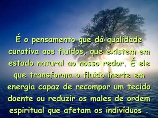 É o pensamento que dá qualidadeÉ o pensamento que dá qualidade
curativa aos fluidos, que existem emcurativa aos fluidos, que existem em
estado natural ao nosso redor. É eleestado natural ao nosso redor. É ele
que transforma o fluido inerte emque transforma o fluido inerte em
energia capaz de recompor um tecidoenergia capaz de recompor um tecido
doente ou reduzir os males de ordemdoente ou reduzir os males de ordem
espiritual que afetam os indivíduosespiritual que afetam os indivíduos ..
 