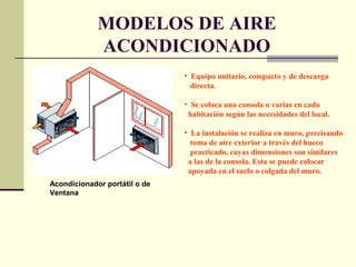 MODELOS DE AIRE
ACONDICIONADO
• Equipo unitario, compacto y de descarga
directa.
• Se coloca una consola o varias en cada
habitación según las necesidades del local.
• La instalación se realiza en muro, precisando
toma de aire exterior a través del hueco
practicado, cuyas dimensiones son similares
a las de la consola. Esta se puede colocar
apoyada en el suelo o colgada del muro.
Acondicionador portátil o de
Ventana
 