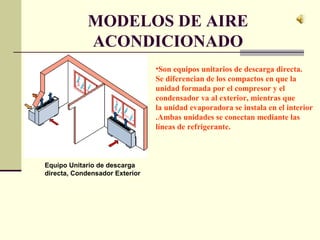 MODELOS DE AIRE
ACONDICIONADO
•Son equipos unitarios de descarga directa.
Se diferencian de los compactos en que la
unidad formada por el compresor y el
condensador va al exterior, mientras que
la unidad evaporadora se instala en el interior
.Ambas unidades se conectan mediante las
líneas de refrigerante.
Equipo Unitario de descarga
directa, Condensador Exterior
 