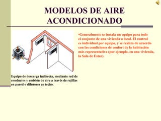 MODELOS DE AIRE
ACONDICIONADO
•Generalmente se instala un equipo para todo
el conjunto de una vivienda o local. El control
es individual por equipo, y se realiza de acuerdo
con las condiciones de confort de la habitación
más representativa (por ejemplo, en una vivienda,
la Sala de Estar).
Equipo de descarga indirecta, mediante red de
conductos y emisión de aire a través de rejillas
en pared o difusores en techo.
 
