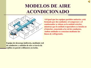 MODELOS DE AIRE
ACONDICIONADO
•Al igual que los equipos partidos unitarios ,está
formado por dos unidades: el compresor y el
condensador se sitúan en la unidad exterior,
mientras que la unidad evaporadora se instala en
el interior, conectada a la red de conductos.
Ambas unidades se conectan mediante las
líneas de refrigerante.
Equipo de descarga indirecta, mediante red
de conductos y emisión de aire a través de
rejillas en pared o difusores en techo.
 