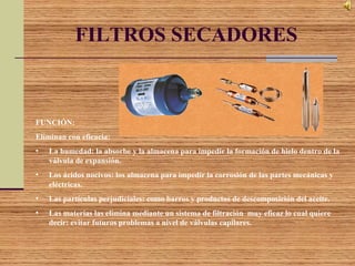 FILTROS SECADORES
FUNCIÓN:
Eliminan con eficacia:
• La humedad: la absorbe y la almacena para impedir la formación de hielo dentro de la
válvula de expansión.
• Los ácidos nocivos: los almacena para impedir la corrosión de las partes mecánicas y
eléctricas.
• Las partículas perjudiciales: como barros y productos de descomposición del aceite.
• Las materias las elimina mediante un sistema de filtración muy eficaz lo cual quiere
decir: evitar futuros problemas a nivel de válvulas capilares.
 