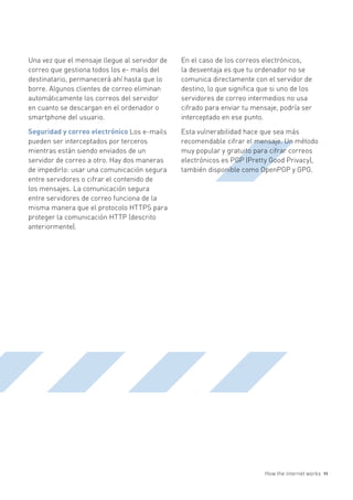 Una vez que el mensaje llegue al servidor de   En el caso de los correos electrónicos,
correo que gestiona todos los e- mails del     la desventaja es que tu ordenador no se
destinatario, permanecerá ahí hasta que lo     comunica directamente con el servidor de
borre. Algunos clientes de correo eliminan     destino, lo que significa que si uno de los
automáticamente los correos del servidor       servidores de correo intermedios no usa
en cuanto se descargan en el ordenador o       cifrado para enviar tu mensaje, podría ser
smartphone del usuario.                        interceptado en ese punto.

Seguridad y correo electrónico Los e-mails     Esta vulnerabilidad hace que sea más
pueden ser interceptados por terceros          recomendable cifrar el mensaje. Un método
mientras están siendo enviados de un           muy popular y gratuito para cifrar correos
servidor de correo a otro. Hay dos maneras     electrónicos es PGP (Pretty Good Privacy),
de impedirlo: usar una comunicación segura     también disponible como OpenPGP y GPG.
entre servidores o cifrar el contenido de
los mensajes. La comunicación segura
entre servidores de correo funciona de la
misma manera que el protocolo HTTPS para
proteger la comunicación HTTP (descrito
anteriormente).




                                                                          How the internet works   11
 