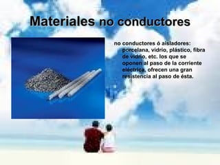 Materiales  no conductores no conductores ó aisladores: porcelana, vidrio, plástico, fibra de vidrio, etc. los que se oponen al paso de la corriente eléctrica, ofrecen una gran resistencia al paso de ésta. 