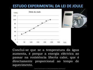 Estudo experimental da lei de JouleConclui-se que se a temperatura da água aumenta, é porque a energia eléctrica ao passar na resistência liberta calor, que é directamente proporcional ao tempo de aquecimento.Como funcionam os electrodomésticos térmicos?