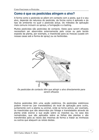 Como Funcionam os Pesticidas
2011 Carlos Alberto T. Alves
8
Como é que os pesticidas atingem o alvo?
A forma como o pesticida se põem em contacto com a peste, que é o seu
alvo, depende da natureza do pesticida, da forma como é aplicado e do
tipo de ambiente no qual o pesticida actua. Os métodos de aplicação
mais comuns incluem os sprays, a fumigação e a baiting.
Muitos pesticidas são pesticidas de contacto. Estes para serem eficazes
necessitam ser absorvidos externamente pelo corpo ou pelo tecido
exposto da planta, por exemplo, o insecticida para as moscas (usado em
nossas casas sob a forma de spray) ou os herbicidas.
Os pesticidas de contacto têm que atingir o alvo directamente para
serem eficazes
Outros pesticidas têm uma acção sistémica. Os pesticidas sistémicos
podem mover-se (ser transladados) do local de aplicação para outro,
juntamente com a planta ou animal, onde se torna activo, por exemplo,
os insecticidas que são absorvidos por foliage e transladados através da
planta onde exerce a sua acção sobre os insectos ou, no caso dos
nematicides, que são aplicados sobre as folhas das plantas e são
transferidos para as raízes das mesmas de forma a matar as minhocas
ou outros que ataquem as raízes destas.
 