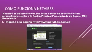 COMO FUNCIONA NETVIBES 
Netvibes es un servicio web que actúa a modo de escritorio virtual 
personalizado, similar a la Página Principal Personalizada de Google, MSN 
Live o Inicio 
1. Ingrese a la página http://www.netvibes.com/es 
 
