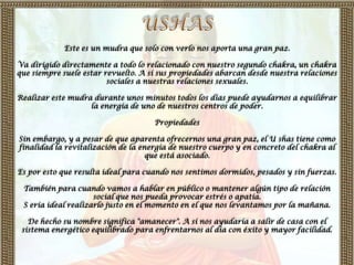 Este es un mudra que solo con verlo nos aporta una gran paz.

Va dirigido directamente a todo lo relacionado con nuestro segundo chakra, un chakra
que siempre suele estar revuelto. A sí sus propiedades abarcan desde nuestra relaciones
                         sociales a nuestras relaciones sexuales.

Realizar este mudra durante unos minutos todos los días puede ayudarnos a equilibrar
                   la energía de uno de nuestros centros de poder.

                                     Propiedades

Sin embargo, y a pesar de que aparenta ofrecernos una gran paz, el U shas tiene como
finalidad la revitalización de la energía de nuestro cuerpo y en concreto del chakra al
                                    que está asociado.

Es por esto que resulta ideal para cuando nos sentimos dormidos, pesados y sin fuerzas.

 También para cuando vamos a hablar en público o mantener algún tipo de relación
                     social que nos pueda provocar estrés o apatía.
 S ería ideal realizarlo justo en el momento en el que nos levantamos por la mañana.

   De hecho su nombre significa "amanecer". A sí nos ayudaría a salir de casa con el
 sistema energético equilibrado para enfrentarnos al día con éxito y mayor facilidad.
 