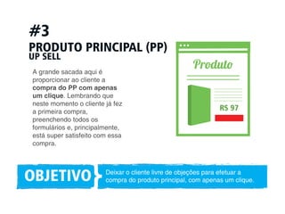 #3 
PRODUTO PRINCIPAL (PP) 
A grande sacada aqui é 
proporcionar ao cliente a 
compra do PP com apenas 
um clique. Lembrando que 
neste momento o cliente já fez 
a primeira compra, 
preenchendo todos os 
formulários e, principalmente, 
está super satisfeito com essa 
compra. 
OBJETIVO Deixar o cliente livre de objeções para efetuar a 
compra do produto principal, com apenas um clique. 
UP SELL 
} 
Produt 
R$ 97 
 