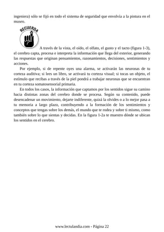 ingeniera) sólo se fijó en todo el sistema de seguridad que envolvía a la pintura en el
museo.
A través de la vista, el oído, el olfato, el gusto y el tacto (figura 1-3),
el cerebro capta, procesa e interpreta la información que llega del exterior, generando
las respuestas que originan pensamientos, razonamientos, decisiones, sentimientos y
acciones.
Por ejemplo, si de repente oyes una alarma, se activarán las neuronas de tu
corteza auditiva; si lees un libro, se activará tu corteza visual; si tocas un objeto, el
estímulo que recibas a través de la piel pondrá a trabajar neuronas que se encuentran
en tu corteza somatosensorial primaria.
En todos los casos, la información que captamos por los sentidos sigue su camino
hacia distintas zonas del cerebro donde se procesa. Según su contenido, puede
desencadenar un movimiento, dejarte indiferente, quizá la olvides o a lo mejor pasa a
tu memoria a largo plazo, contribuyendo a la formación de los sentimientos y
conceptos que tengas sobre los demás, el mundo que te rodea y sobre ti mismo, como
también sobre lo que sientas y decidas. En la figura 1-2a te muestro dónde se ubican
los sentidos en el cerebro.
www.lectulandia.com - Página 22
 