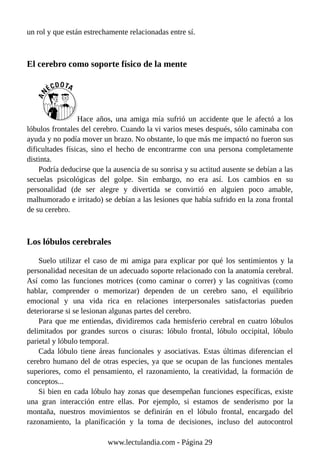 un rol y que están estrechamente relacionadas entre sí.
El cerebro como soporte físico de la mente
Hace años, una amiga mía sufrió un accidente que le afectó a los
lóbulos frontales del cerebro. Cuando la vi varios meses después, sólo caminaba con
ayuda y no podía mover un brazo. No obstante, lo que más me impactó no fueron sus
dificultades físicas, sino el hecho de encontrarme con una persona completamente
distinta.
Podría deducirse que la ausencia de su sonrisa y su actitud ausente se debían a las
secuelas psicológicas del golpe. Sin embargo, no era así. Los cambios en su
personalidad (de ser alegre y divertida se convirtió en alguien poco amable,
malhumorado e irritado) se debían a las lesiones que había sufrido en la zona frontal
de su cerebro.
Los lóbulos cerebrales
Suelo utilizar el caso de mi amiga para explicar por qué los sentimientos y la
personalidad necesitan de un adecuado soporte relacionado con la anatomía cerebral.
Así como las funciones motrices (como caminar o correr) y las cognitivas (como
hablar, comprender o memorizar) dependen de un cerebro sano, el equilibrio
emocional y una vida rica en relaciones interpersonales satisfactorias pueden
deteriorarse si se lesionan algunas partes del cerebro.
Para que me entiendas, dividiremos cada hemisferio cerebral en cuatro lóbulos
delimitados por grandes surcos o cisuras: lóbulo frontal, lóbulo occipital, lóbulo
parietal y lóbulo temporal.
Cada lóbulo tiene áreas funcionales y asociativas. Estas últimas diferencian el
cerebro humano del de otras especies, ya que se ocupan de las funciones mentales
superiores, como el pensamiento, el razonamiento, la creatividad, la formación de
conceptos...
Si bien en cada lóbulo hay zonas que desempeñan funciones específicas, existe
una gran interacción entre ellas. Por ejemplo, si estamos de senderismo por la
montaña, nuestros movimientos se definirán en el lóbulo frontal, encargado del
razonamiento, la planificación y la toma de decisiones, incluso del autocontrol
www.lectulandia.com - Página 29
 