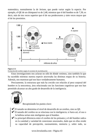 matemática, normalmente la de Jerison, que puede variar según la especie. Por
ejemplo, el QE de un chimpancé es de 2,48, mientras que el del hombre es de 7,30, es
decir, más de tres veces superior que el de sus predecesores y siete veces mayor que
el de los prosimios.
Figura 2-2:
Evolución del cerebro según el cociente de encefalización
Estas investigaciones nos aclaran no sólo de dónde venimos, sino también lo que
ha sucedido mientras nuestra especie atravesaba las distintas etapas de su historia.
Además, nos muestran qué nos hace verdaderamente humanos.
Precisamente, la estructura que más ha crecido con relación al peso corporal del
hombre es la neocorteza, área relacionada con las funciones cognitivas que nos han
permitido alcanzar un alto grado de desarrollo de la inteligencia.
Recapitulando los puntos clave:
El tamaño no determina el nivel de desarrollo de un cerebro, sino su QE.
El tamaño del cerebro no se relaciona con la inteligencia; si fuera así, el oso o
la ballena serían más inteligentes que el hombre.
La principal diferencia entre el cerebro de los primates y el del hombre radica
en la cantidad y variedad de conexiones neuronales, dado que en ellas reside
su capacidad de percepción, razonamiento, memoria y, sobre todo, su
www.lectulandia.com - Página 43
 