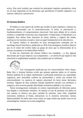 activa. Este nivel cerebral, que controla los principales impulsos automáticos, tiene
un rol muy importante en las decisiones que permitieron al hombre adaptarse a su
entorno, sobrevivir y preservarse.
El sistema límbico
El límbico es una especie de cerebro que recubre la parte reptiliana y domina las
funciones relacionadas con la autoconservación, la lucha, la procreación y,
fundamentalmente, el comportamiento emocional. Está justo debajo de la corteza
cerebral y comprende estructuras muy importantes: el hipocampo, el hipotálamo y la
amígdala. Esta última tiene funciones de alerta, defensa y registro del miedo,
participa en los instintos sexuales y tiene un papel fundamental en la vida afectiva.
El sistema límbico se descubrió en unas investigaciones realizadas por el
neurólogo francés Paul Broca, publicadas en 1878. Este prestigioso científico observó
que en el centro del cerebro había un grupo de áreas que se diferenciaban de la
corteza circundante y las llamó lóbulo límbico.
Si bien las conexiones del sistema límbico son complejas —y hay algunas
discusiones por lo que respecta a sus componentes—, el criterio de que regula la vida
emocional es ampliamente aceptado y hay estudios que lo confirman.
Una investigación publicada por los neurocientíficos Nasir Naqvi,
Baba Shiv y Antoine Bechara reveló que quienes padecían daños en el sistema
límbico (además de la región orbitofrontal y prefrontal) mantenían sus capacidades
cognitivas, pero mostraban cambios de personalidad y tenían una actitud fría
emocionalmente. La ausencia de registro emocional les hacía tomar decisiones
erróneas. Algunas de ellas acabaron aisladas (perdieron vínculos con familiares y
amigos) y otras tuvieron grandes dificultades económicas (debido a sus errores).
Varias investigaciones realizadas en centros especializados de diferentes países
han llegado a conclusiones similares. Al analizar el caso de personas con daños en
este sistema se observa una gran variedad de síntomas, entre ellos, fragilidad
emocional, tendencia al llanto, alteraciones en la memoria emocional, incluso
hipersexualidad. En todos estos casos existe un rasgo común que puede verse en las
neuroimágenes: lesiones en la zona amigdalina.
La neocorteza
www.lectulandia.com - Página 46
 
