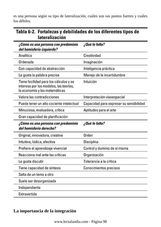 es una persona según su tipo de lateralización, cuáles son sus puntos fuertes y cuáles
los débiles.
La importancia de la integración
www.lectulandia.com - Página 98
 