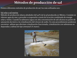 Métodos de producción de sal
Existen diferentes métodos de producción de sal, los más utilizados son:

Sal solar o sal marina
Método de producción abarca alrededor del 90% de la sal producida en México. Consiste en
obtener agua de mar y proceder a evaporarla a través de la acción combinada de energía
solar y viento. Cuando la salmuera (agua con alta concentración de sal) alcanza su punto de
saturación da inicio a la cristalización del cloruro de sodio. En este procedimiento podemos
encontrar salinas que efectúan cristalización fraccionada, cristalización con salmueras no
depuradas y salinas de tipo artesanal (A mano).
 
