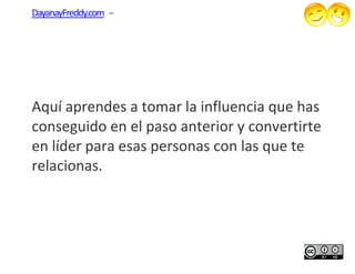 DayanayFreddy.com –




Aquí aprendes a tomar la influencia que has
conseguido en el paso anterior y convertirte
en líder para esas personas con las que te
relacionas.
 