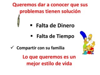 Queremos dar a conocer que sus
   problemas tienen solución

          Falta de Dinero
          Falta de Tiempo

 Compartir con su familia
     Lo que queremos es un
       mejor estilo de vida
 