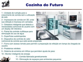Cozinha do Futuro
1 - Unidade de nutrição para o
crescimento de comida sem a utilização
de solo
2 - Impressora de comida em 3D, onde
sua refeição é impressa em camadas.
3 - Geladeira inteligente que detecta a
necessidade nutricional do usuário com
um display 3D interativo
4 - Painel de controle multitoque para
otimização do uso de água
5 - Superfícies autolimpantes
6 - Dispositivo de controle do valor
nutricional da comida que está sendo preparada
7 - Forno com acesso remoto para permitir a preparação da refeição em tempo da chegada do
usuário
8 - Prateleiras retráteis
9 - Sistema de armários em trilhos que permitem ajuste de peso
10 - Monitor inteligente de energia
11 - Comida fabricada geneticamente
12 - Otimização de espaços para ambientes pequenos
 