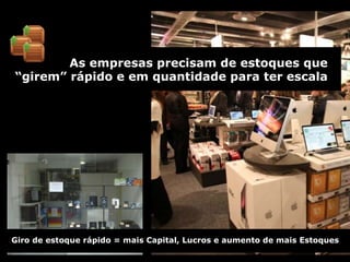 As empresas precisam de estoques que
“girem” rápido e em quantidade para ter escala	
  
Giro de estoque rápido = mais Capital, Lucros e aumento de mais Estoques
 