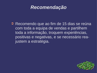 Recomendação
➲ Recomendo que ao fim de 15 dias se reúna
com toda a equipa de vendas e partilhem
toda a informação, troquem experiências,
positivas e negativas, e se necessário rea-
justem a estratégia.
 