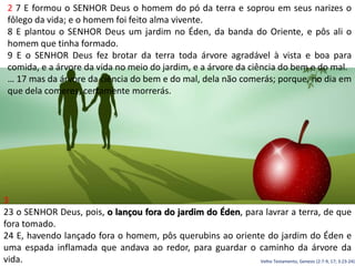 2 7 E formou o SENHOR Deus o homem do pó da terra e soprou em seus narizes o
fôlego da vida; e o homem foi feito alma vivente.
8 E plantou o SENHOR Deus um jardim no Éden, da banda do Oriente, e pôs ali o
homem que tinha formado.
9 E o SENHOR Deus fez brotar da terra toda árvore agradável à vista e boa para
comida, e a árvore da vida no meio do jardim, e a árvore da ciência do bem e do mal.
… 17 mas da árvore da ciência do bem e do mal, dela não comerás; porque, no dia em
que dela comeres, certamente morrerás.
3
23 o SENHOR Deus, pois, o lançou fora do jardim do Éden, para lavrar a terra, de que
fora tomado.
24 E, havendo lançado fora o homem, pôs querubins ao oriente do jardim do Éden e
uma espada inflamada que andava ao redor, para guardar o caminho da árvore da
vida. Velho Testamento, Genesis (2:7-9, 17; 3:23-24)
 