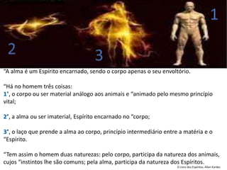 “A alma é um Espírito encarnado, sendo o corpo apenas o seu envoltório.
“Há no homem três coisas:
1°, o corpo ou ser material análogo aos animais e “animado pelo mesmo princípio
vital;
2°, a alma ou ser imaterial, Espírito encarnado no “corpo;
3°, o laço que prende a alma ao corpo, princípio intermediário entre a matéria e o
“Espírito.
“Tem assim o homem duas naturezas: pelo corpo, participa da natureza dos animais,
cujos “instintos lhe são comuns; pela alma, participa da natureza dos Espíritos.
O Livro dos Espíritos, Allan Kardec
 