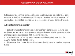 12
GENERACION DE UN ANDAMIO
Este esquema permitirá también elaborar un cómputo de los materiales para
definirle al depósito los elementos a entregar. La mejor forma de efectuar un
cómputo de elementos, es imaginar la secuencia de armado de la estructura.
c. Durante el montaje recordar:
• Las estructuras tendrán niveles de travesaños y de largueros cada no más
de 2.00m. en altura, es decir que cada parante debe tener vinculaciones en dos
planos perpendiculares cada 2.00 m. como máximo.
• Los travesaños para apoyos de tablones estarán separados no más de
2.50m. (luz de flexión de tablones).
• El personal de montaje debe utilizar arnés de seguridad tomado a un punto
firme.
 