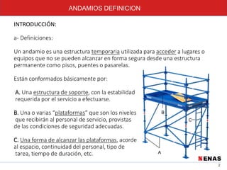 2
ANDAMIOS DEFINICION
INTRODUCCIÓN:
a- Definiciones:
Un andamio es una estructura temporaria utilizada para acceder a lugares o
equipos que no se pueden alcanzar en forma segura desde una estructura
permanente como pisos, puentes o pasarelas.
Están conformados básicamente por:
A. Una estructura de soporte, con la estabilidad
requerida por el servicio a efectuarse.
B. Una o varias “plataformas” que son los niveles
que recibirán al personal de servicio, provistas
de las condiciones de seguridad adecuadas.
C. Una forma de alcanzar las plataformas, acorde
al espacio, continuidad del personal, tipo de
tarea, tiempo de duración, etc. A
B
C
 