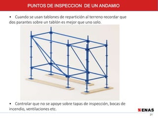 21
• Cuando se usan tablones de repartición al terreno recordar que
dos parantes sobre un tablón es mejor que uno solo.
PUNTOS DE INSPECCION DE UN ANDAMIO
• Controlar que no se apoye sobre tapas de inspección, bocas de
incendio, ventilaciones etc.
 
