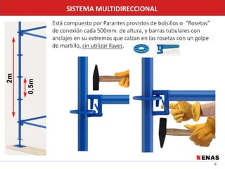 6
SISTEMA MULTIDIRECCIONAL
Está compuesto por Parantes provistos de bolsillos o “Rosetas”
de conexión cada 500mm. de altura, y barras tubulares con
anclajes en su extremos que calzan en las rosetas con un golpe
de martillo, sin utilizar llaves.
 