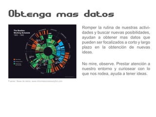 Obtenga mas datos
Fuente / Base de datos: www.informationisbeautyful.com
Romper la rutina de nuestras activi-
dades y buscar nuevas posibilidades,
ayudan a obtener mas datos que
pueden ser focalizados a corto y largo
plazo en la obtención de nuevas
ideas.
No mire, observe. Prestar atención a
nuestro entorno y curiosear con lo
que nos rodea, ayuda a tener ideas.
 