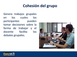 Genera trabajos grupales
en los cuales los
participantes pueden
tomar decisiones sobre la
forma de trabajar y el
docente facilita los
debates grupales.
Cohesión del grupo
 