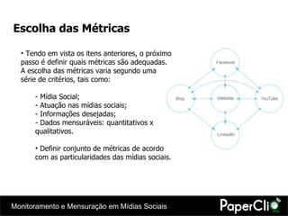Escolha das Métricas Tendo em vista os itens anteriores, o próximo passo é definir quais métricas são adequadas. A escolha das métricas varia segundo uma série de critérios, tais como: Mídia Social;  Atuação nas mídias sociais; Informações desejadas;  Dados mensuráveis: quantitativos x qualitativos. Definir conjunto de métricas de acordo com as particularidades das mídias sociais. 