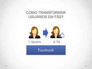 1. Usuário 2. Fã
Facebook
COMO TRANSFORMAR
USUÁRIOS EM FÃS?
 