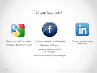 O que fazemos?
Conteúdo Confidencial | www.pensedynamo.com
Gestão de Links Patrocinados
Otimização de Conversão (OC)
Campanhas Anúncios no Facebook
Criação de FanPages
Gestão de Relacionamento
em FanPages
Geração de conteúdo para FanPages
Campanhas de Anúncios
no LinkedIn
 