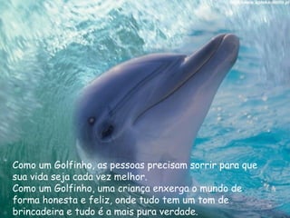 Como um Golfinho, as pessoas precisam sorrir para que
sua vida seja cada vez melhor.
Como um Golfinho, uma criança enxerga o mundo de
forma honesta e feliz, onde tudo tem um tom de
brincadeira e tudo é a mais pura verdade.
 