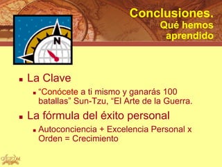 Conclusiones.
                                         Qué hemos
                                          aprendido



   La Clave
        “Conócete a ti mismo y ganarás 100
         batallas” Sun-Tzu, “El Arte de la Guerra.
   La fórmula del éxito personal
        Autoconciencia + Excelencia Personal x
         Orden = Crecimiento
 