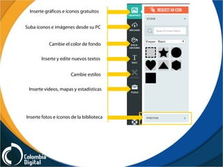 Inserte gráficos e íconos gratuitos
Suba íconos e imágenes desde su PC
Cambie el color de fondo
Inserte y edite nuevos textos
Cambie estilos
Inserte videos, mapas y estadísticas
Inserte fotos e íconos de la biblioteca
 