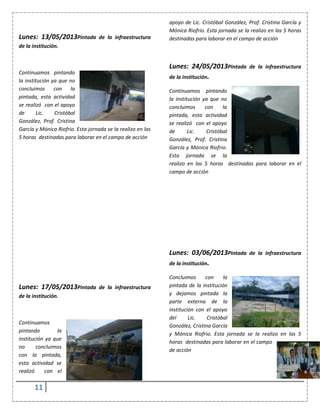 11
Lunes: 13/05/2013Pintada de la infraestructura
de la institución.
Continuamos pintando
la institución ya que no
concluimos con la
pintada, esta actividad
se realizó con el apoyo
de Lic. Cristóbal
González, Prof. Cristina
García y Mónica Riofrio. Esta jornada se la realizo en las
5 horas destinadas para laborar en el campo de acción
Lunes: 17/05/2013Pintada de la infraestructura
de la institución.
Continuamos
pintando la
institución ya que
no concluimos
con la pintada,
esta actividad se
realizó con el
apoyo de Lic. Cristóbal González, Prof. Cristina García y
Mónica Riofrio. Esta jornada se la realizo en las 5 horas
destinadas para laborar en el campo de acción
Lunes: 24/05/2013Pintada de la infraestructura
de la institución.
Continuamos pintando
la institución ya que no
concluimos con la
pintada, esta actividad
se realizó con el apoyo
de Lic. Cristóbal
González, Prof. Cristina
García y Mónica Riofrio.
Esta jornada se la
realizo en las 5 horas destinadas para laborar en el
campo de acción
Lunes: 03/06/2013Pintada de la infraestructura
de la institución.
Concluimos con la
pintada de la institución
y dejamos pintada la
parte externa de la
institución con el apoyo
del Lic. Cristóbal
González, Cristina García
y Mónica Riofrio. Esta jornada se la realizo en las 5
horas destinadas para laborar en el campo
de acción
 