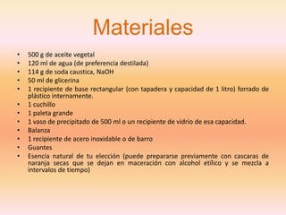 Materiales
•   500 g de aceite vegetal
•   120 ml de agua (de preferencia destilada)
•   114 g de soda caustica, NaOH
•   50 ml de glicerina
•   1 recipiente de base rectangular (con tapadera y capacidad de 1 litro) forrado de
    plástico internamente.
•   1 cuchillo
•   1 paleta grande
•   1 vaso de precipitado de 500 ml o un recipiente de vidrio de esa capacidad.
•   Balanza
•   1 recipiente de acero inoxidable o de barro
•   Guantes
•   Esencia natural de tu elección (puede prepararse previamente con cascaras de
    naranja secas que se dejan en maceración con alcohol etílico y se mezcla a
    intervalos de tiempo)
 