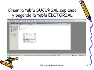 Crear la tabla SUCURSAL copiando y pegando la tabla EDITORIAL 